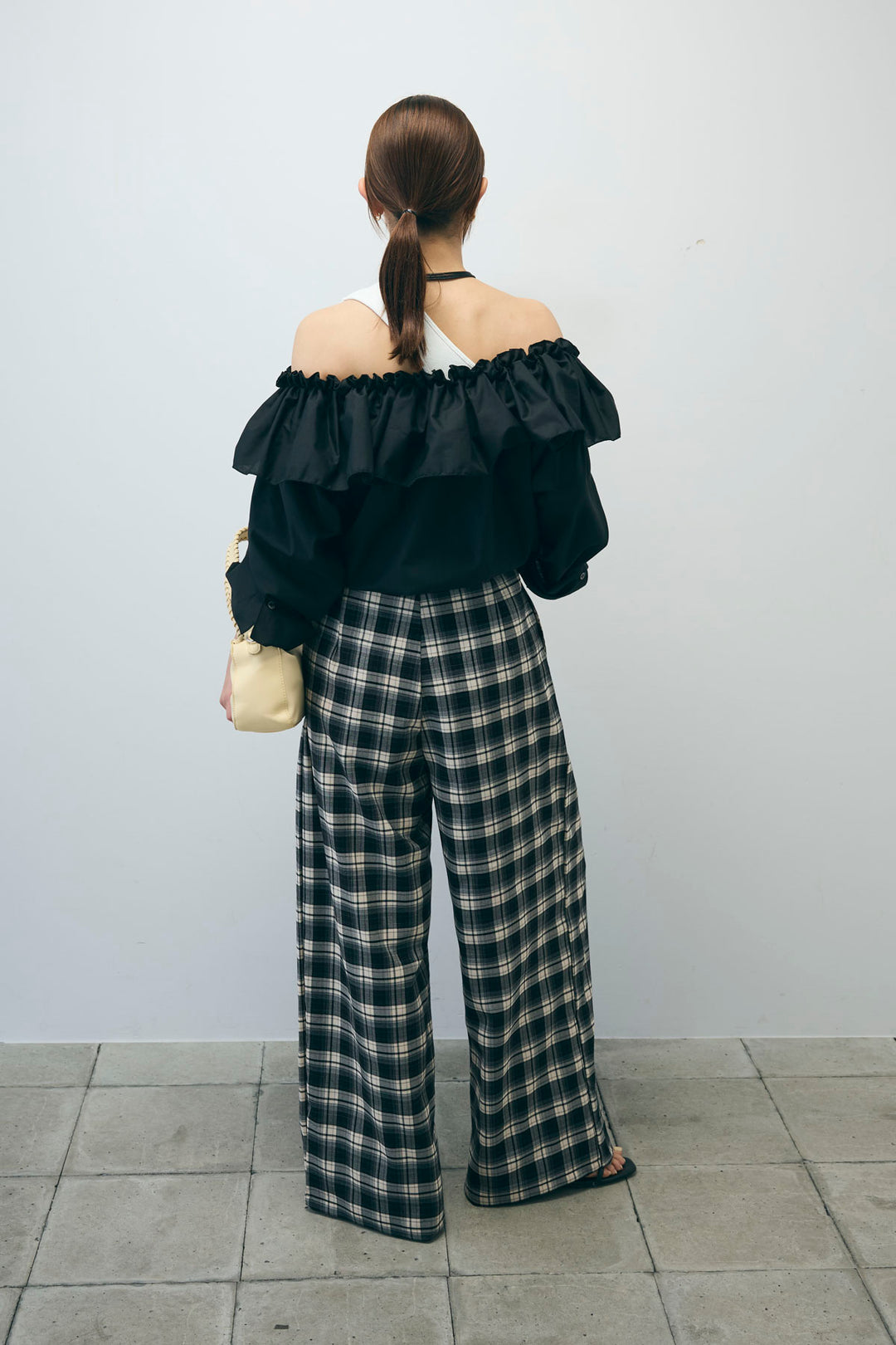 [予約/SET]TCブロード2wayフリルオフショルブラウス+チェックパンツ(2set)