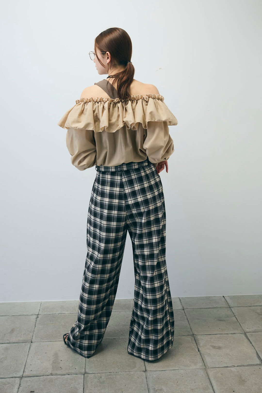 [予約/SET]TCブロード2wayフリルオフショルブラウス+チェックパンツ(2set)