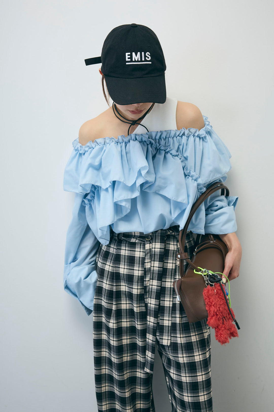 [予約/SET]TCブロード2wayフリルオフショルブラウス+カップ付きバックデザインワンショルダータンクトップ+チェックパンツ(3set)