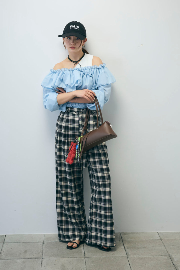 [予約/SET]TCブロード2wayフリルオフショルブラウス+カップ付きバックデザインワンショルダータンクトップ+チェックパンツ(3set)