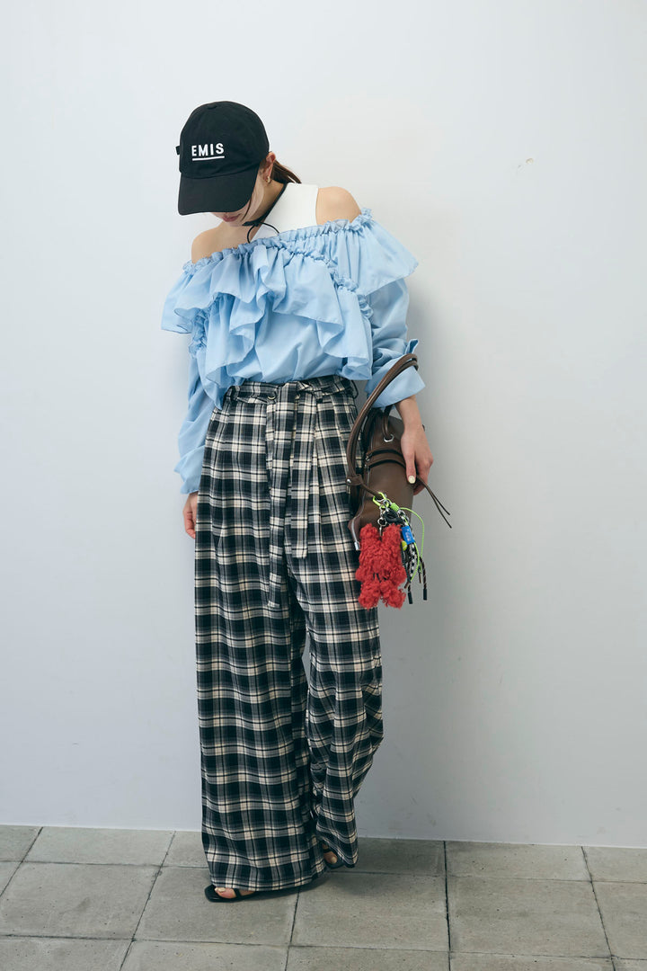 [予約/SET]TCブロード2wayフリルオフショルブラウス+チェックパンツ(2set)