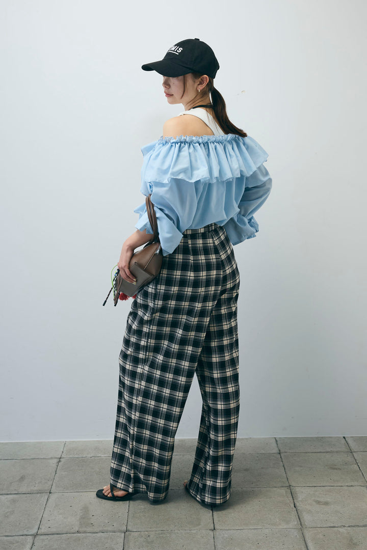 [予約/SET]TCブロード2wayフリルオフショルブラウス+カップ付きバックデザインワンショルダータンクトップ+チェックパンツ(3set)