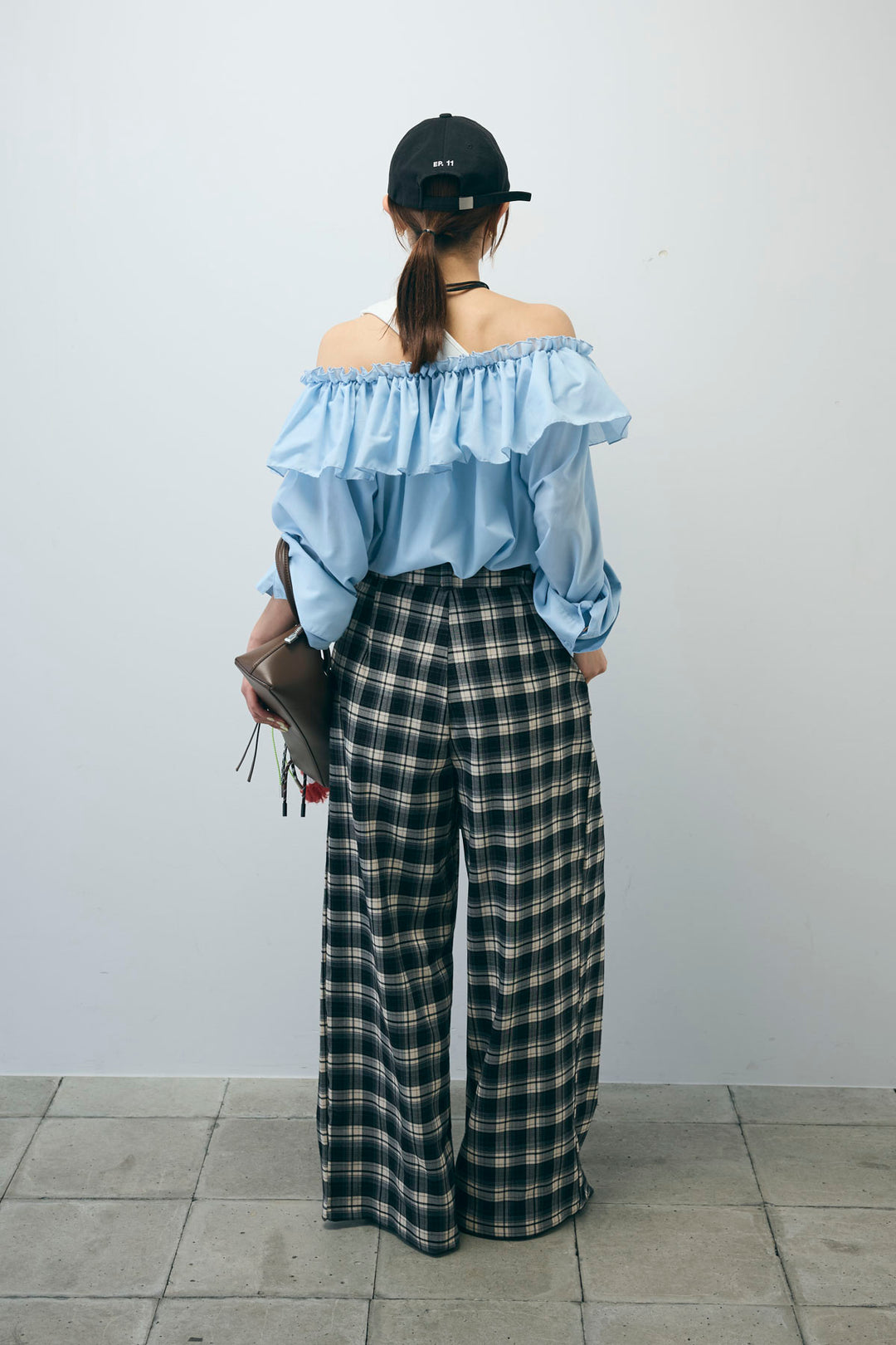 [予約/SET]TCブロード2wayフリルオフショルブラウス+チェックパンツ(2set)