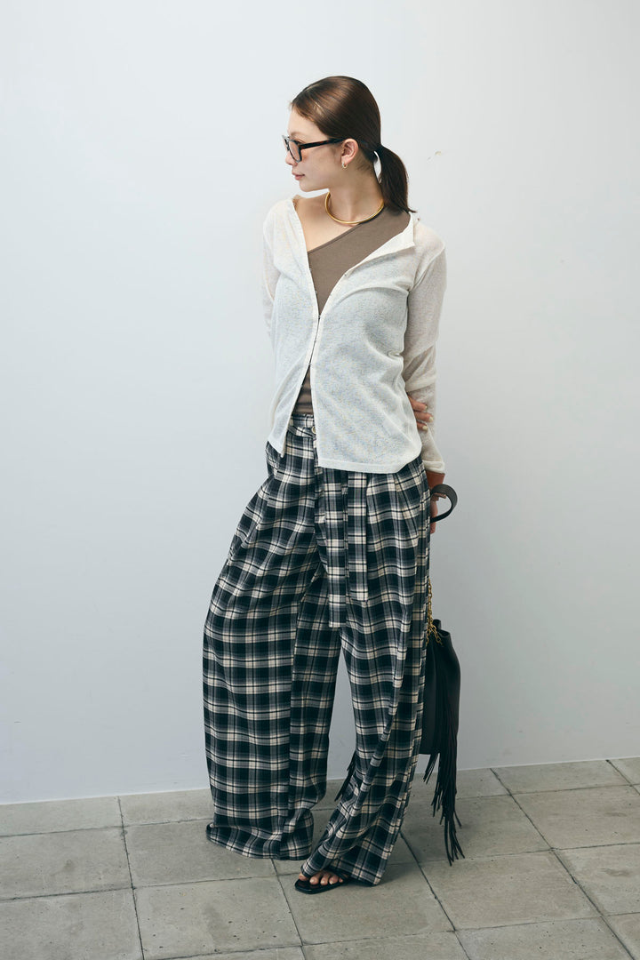 [予約/SET]カップ付きバックデザインワンショルダータンクトップ+杢スラブチュニックカーディガン+チェックパンツ(3set)