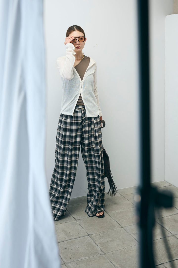 [予約/SET]カップ付きバックデザインワンショルダータンクトップ+杢スラブチュニックカーディガン+チェックパンツ(3set)