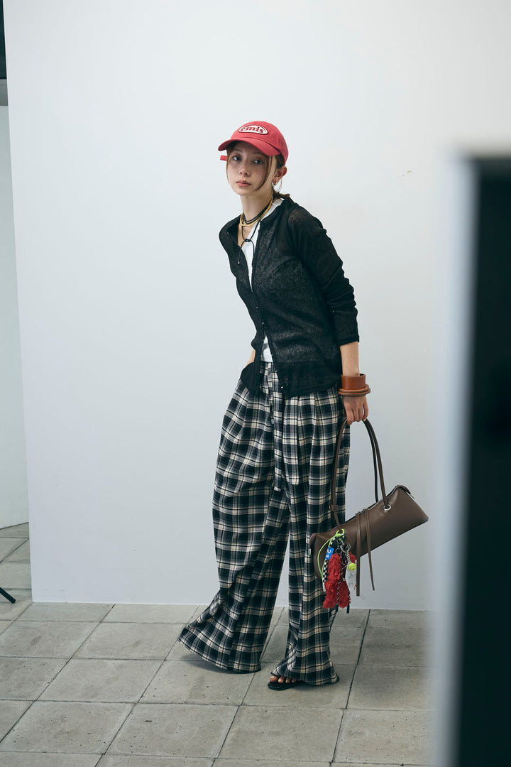 [予約/SET]カップ付きバックデザインワンショルダータンクトップ+杢スラブチュニックカーディガン+チェックパンツ(3set)