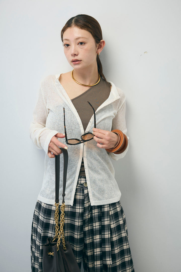 [予約/SET]カップ付きバックデザインワンショルダータンクトップ+杢スラブチュニックカーディガン+チェックパンツ(3set)