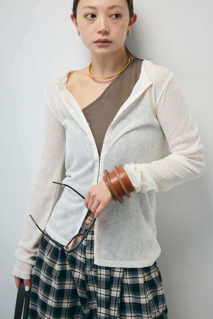 [予約/SET]カップ付きバックデザインワンショルダータンクトップ+杢スラブチュニックカーディガン+チェックパンツ(3set)