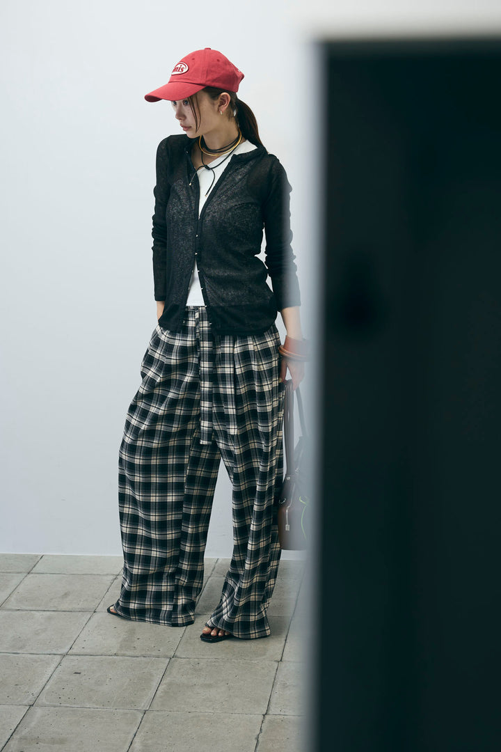 [予約/SET]カップ付きバックデザインワンショルダータンクトップ+杢スラブチュニックカーディガン+チェックパンツ(3set)