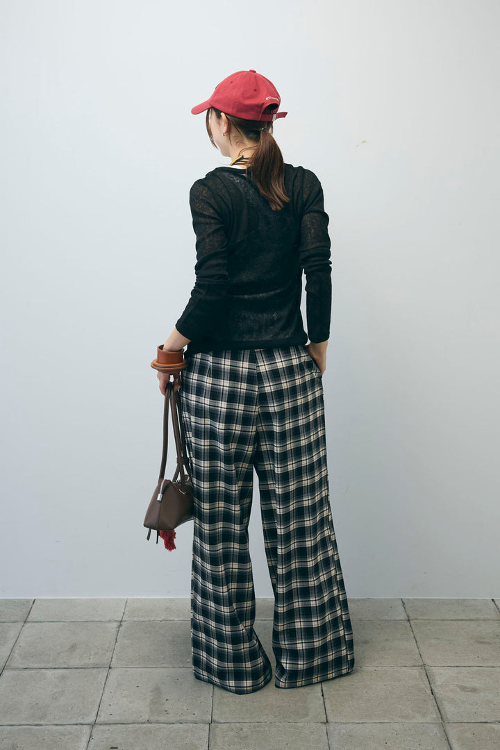 [予約/SET]カップ付きバックデザインワンショルダータンクトップ+杢スラブチュニックカーディガン+チェックパンツ(3set)