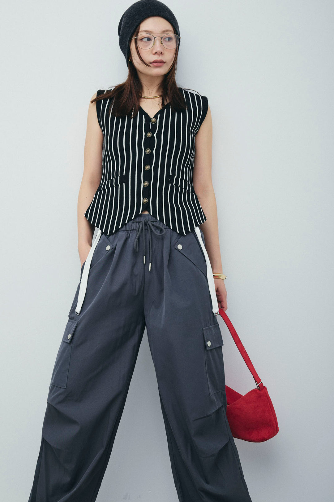 [予約/SET]チョークストライプニットベスト+カーゴパンツ(2set)