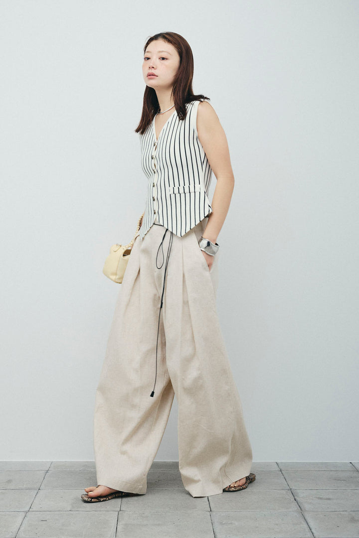 [予約/SET]チョークストライプニットベスト+リネンライクリラックスパンツ(2set)