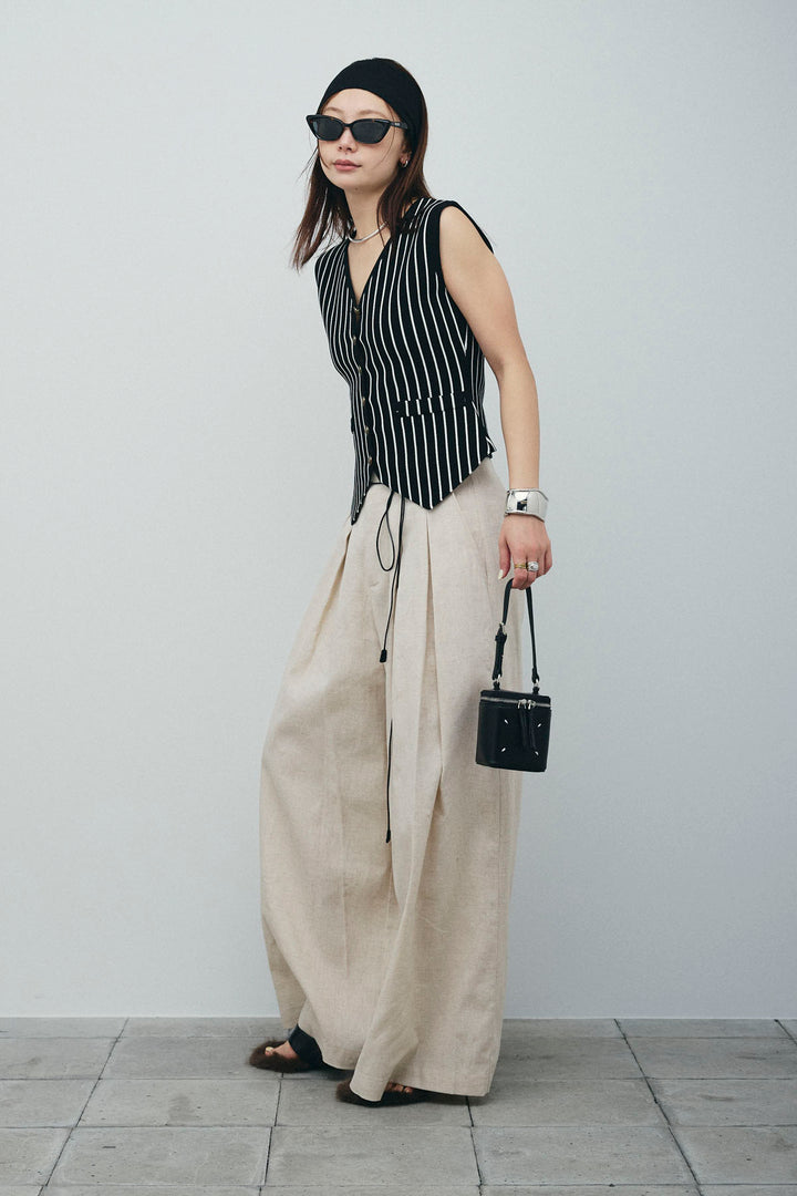 [予約/SET]チョークストライプニットベスト+リネンライクリラックスパンツ(2set)