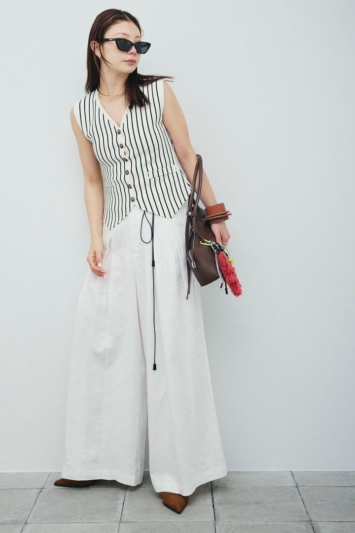 [予約/SET]チョークストライプニットベスト+リネンライクリラックスパンツ(2set)