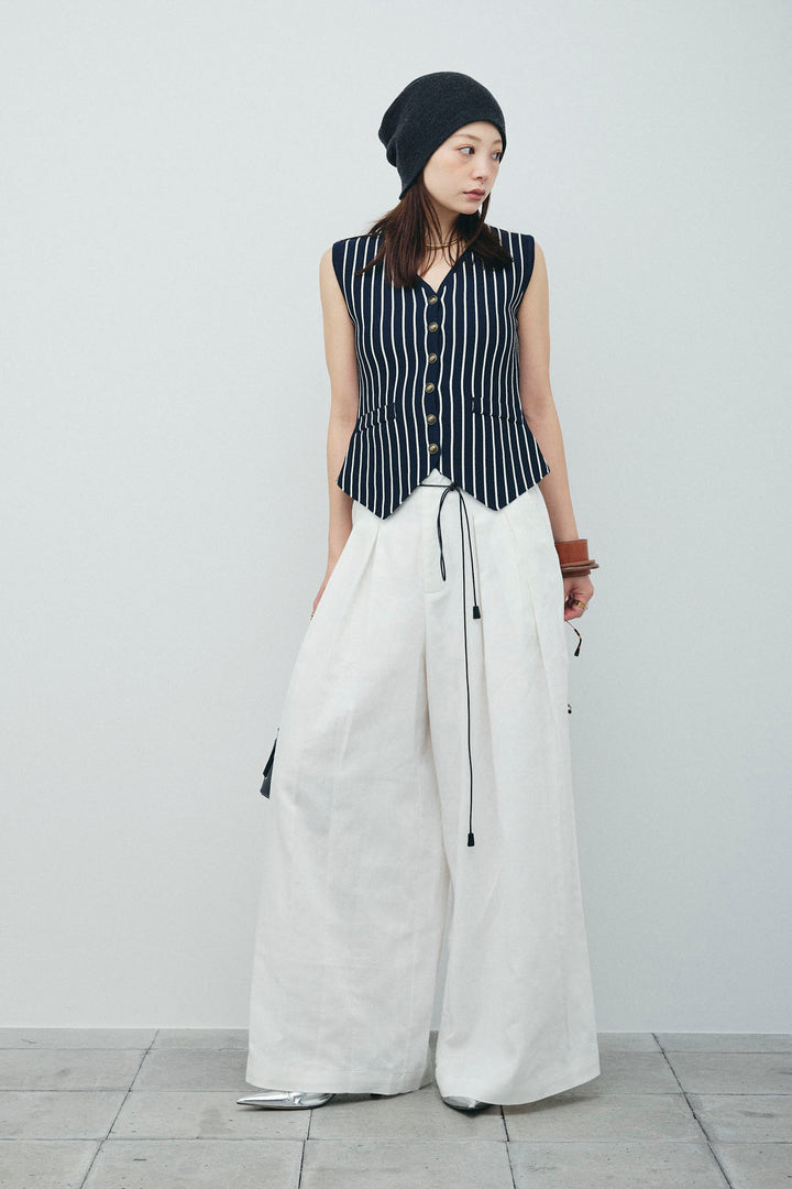 [予約/SET]チョークストライプニットベスト+リネンライクリラックスパンツ(2set)