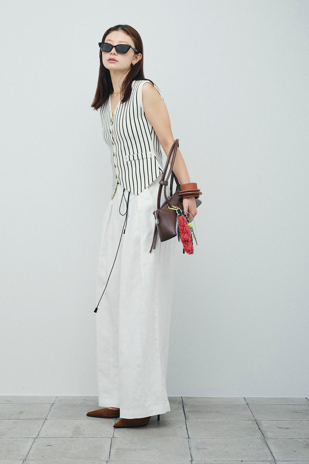 [予約/SET]チョークストライプニットベスト+リネンライクリラックスパンツ(2set)