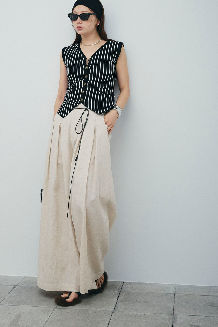 [予約/SET]チョークストライプニットベスト+リネンライクリラックスパンツ(2set)
