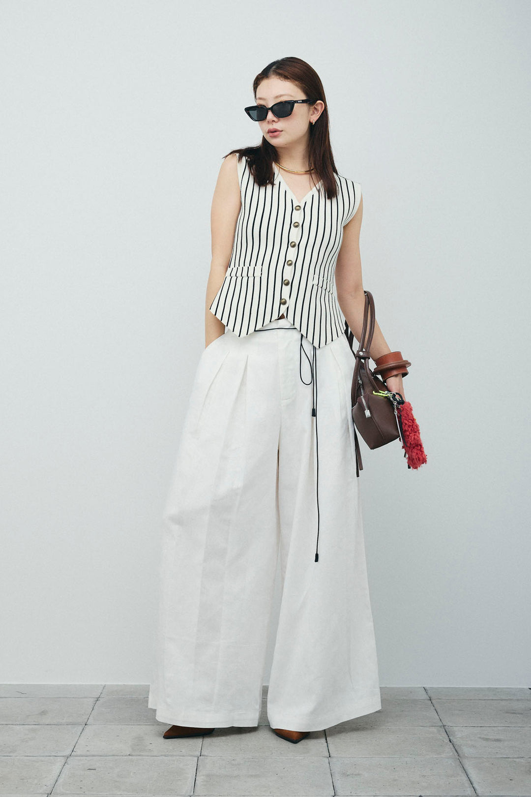 [予約/SET]チョークストライプニットベスト+リネンライクリラックスパンツ(2set)