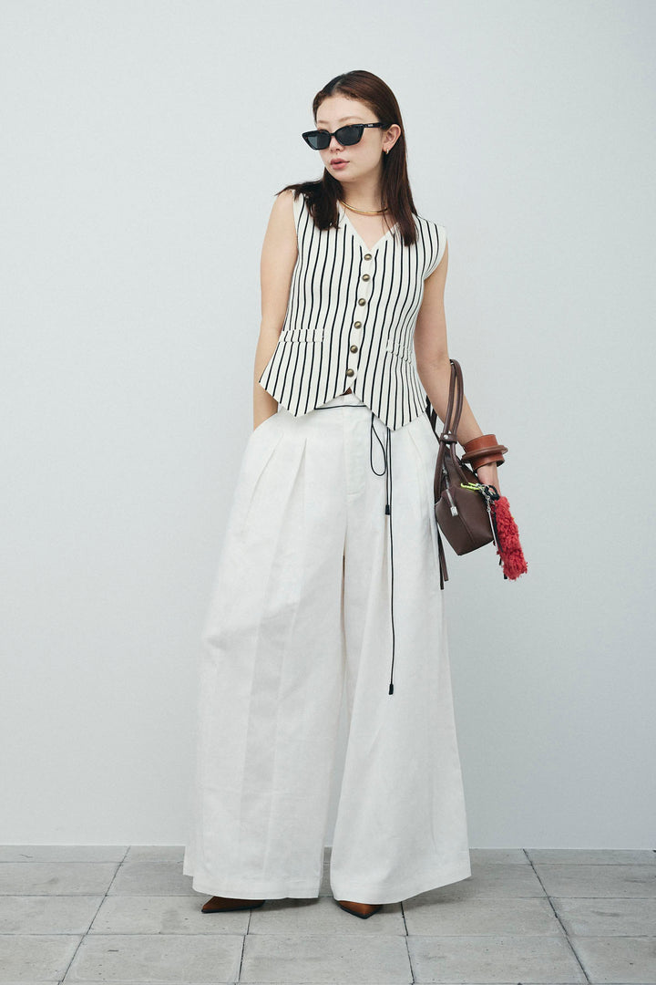 [予約/SET]チョークストライプニットベスト+リネンライクリラックスパンツ(2set)