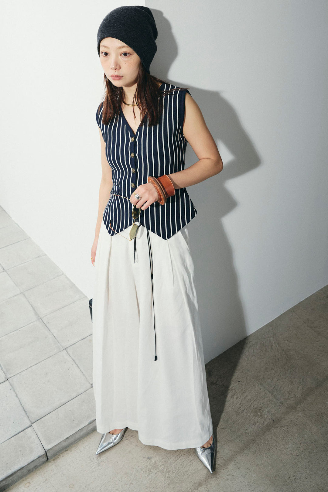 [予約/SET]チョークストライプニットベスト+リネンライクリラックスパンツ(2set)