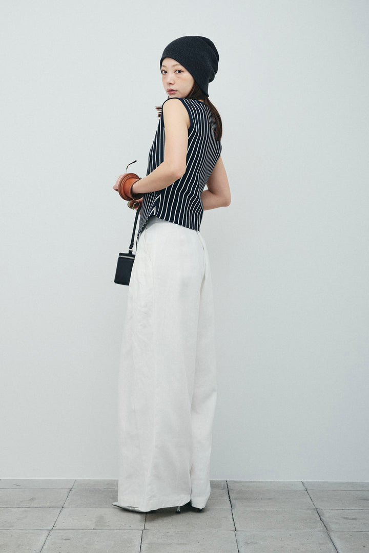 [予約/SET]チョークストライプニットベスト+リネンライクリラックスパンツ(2set)