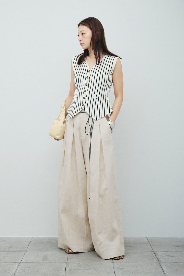 [予約/SET]チョークストライプニットベスト+リネンライクリラックスパンツ(2set)