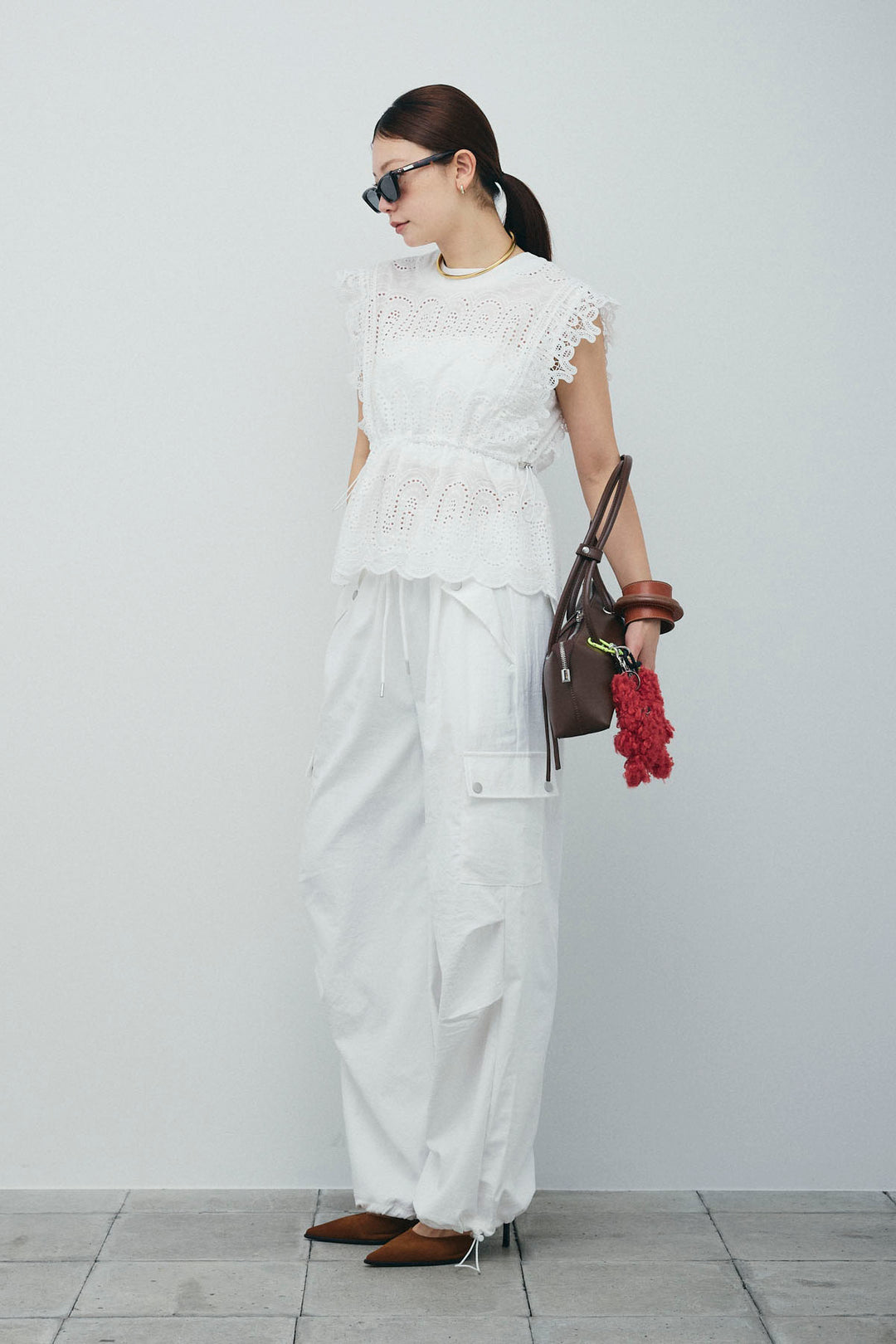 [予約/SET]エンブロイダリーレースブラウス+カーゴパンツ(2set)