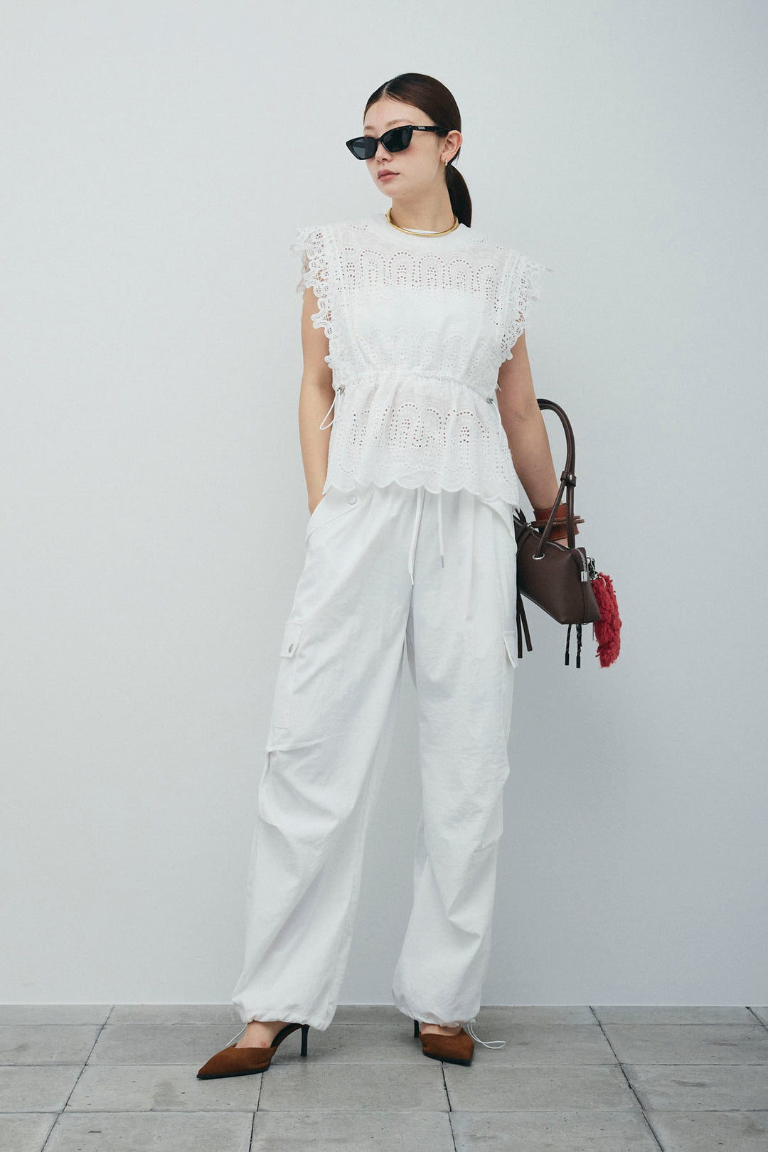 [予約/SET]エンブロイダリーレースブラウス+カーゴパンツ(2set)