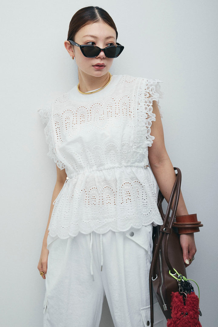 [予約/SET]エンブロイダリーレースブラウス+カーゴパンツ(2set)