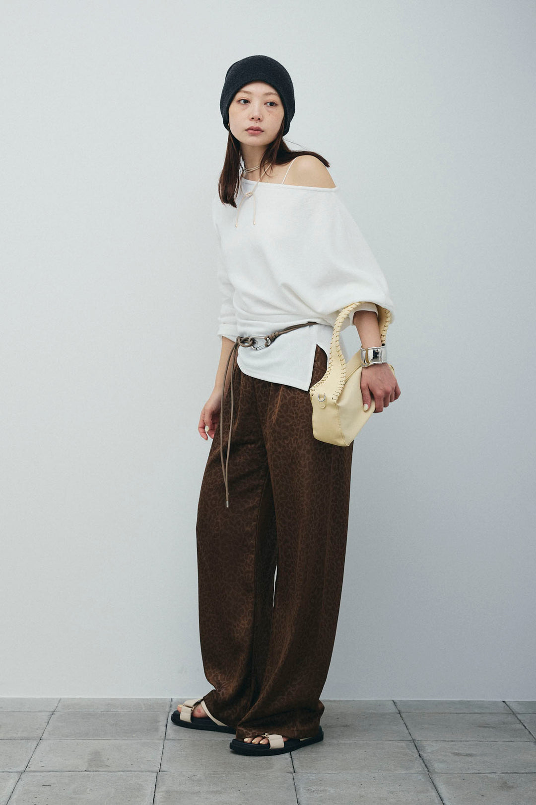 [予約/SET]アシンメトリーミニワッフルPO+フェイクサテンレオパードワイドパンツ(2set)