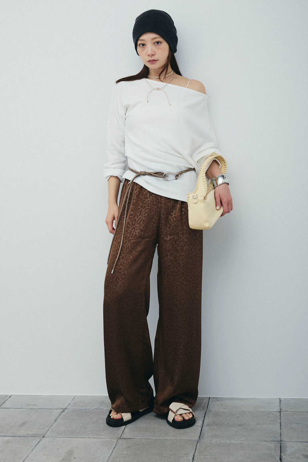 [予約/SET]アシンメトリーミニワッフルPO+フェイクサテンレオパードワイドパンツ(2set)