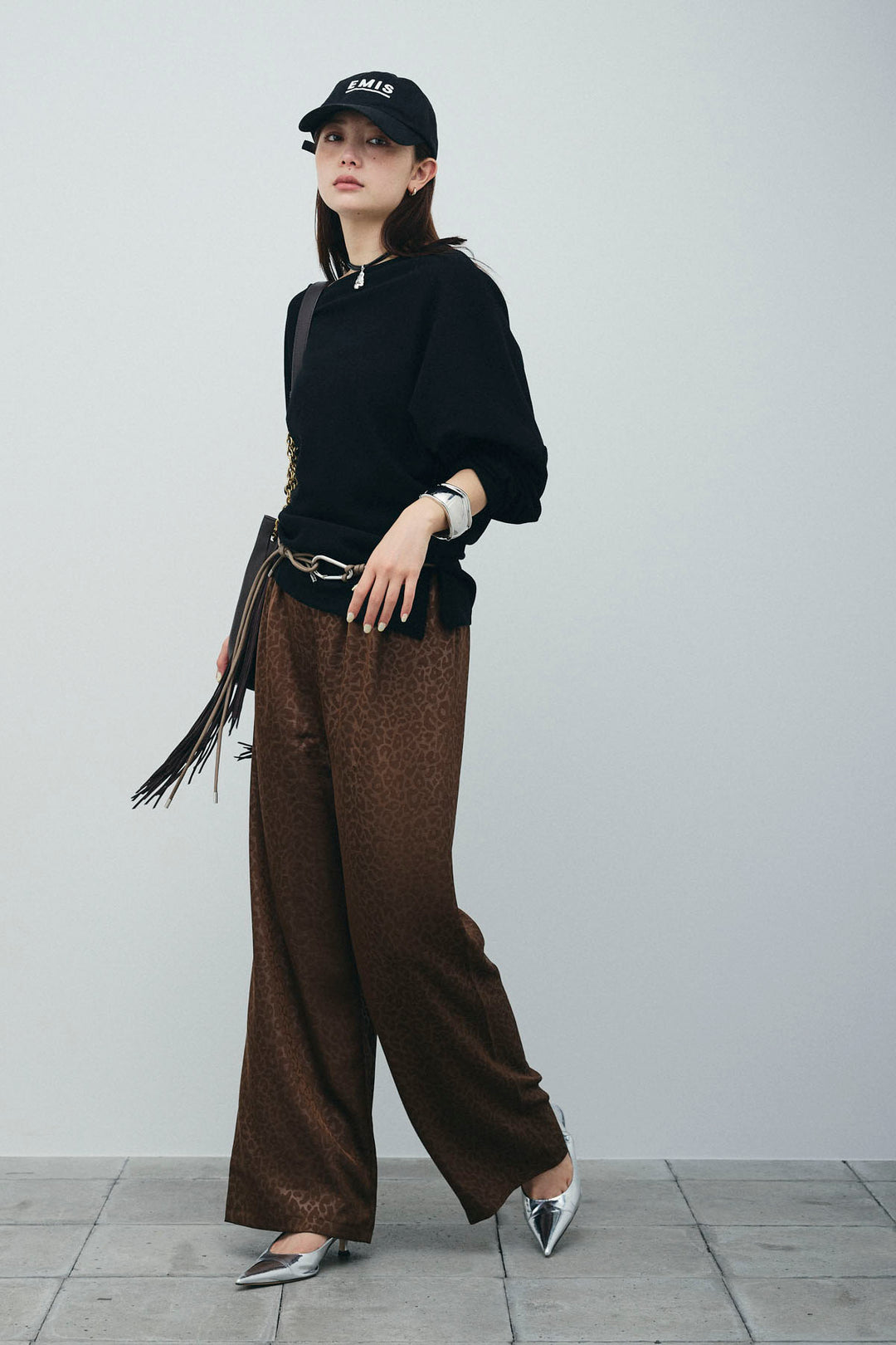 [予約/SET]アシンメトリーミニワッフルPO+フェイクサテンレオパードワイドパンツ(2set)