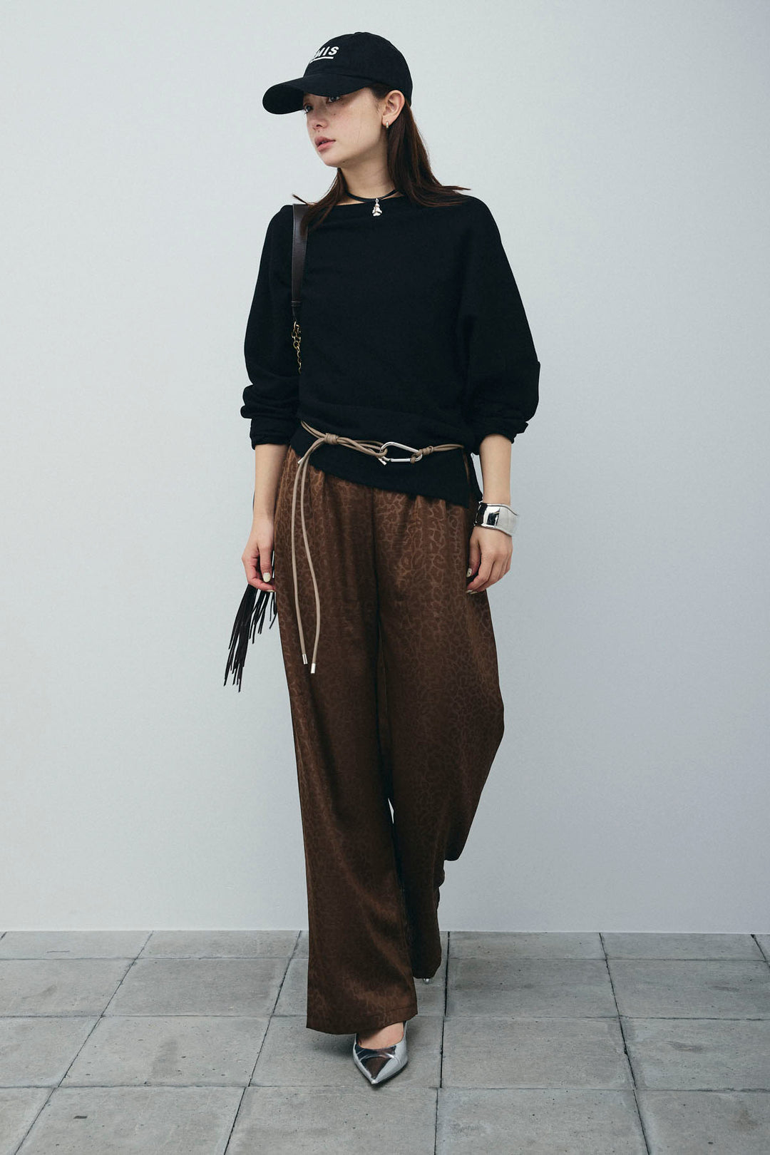 [予約/SET]アシンメトリーミニワッフルPO+フェイクサテンレオパードワイドパンツ(2set)