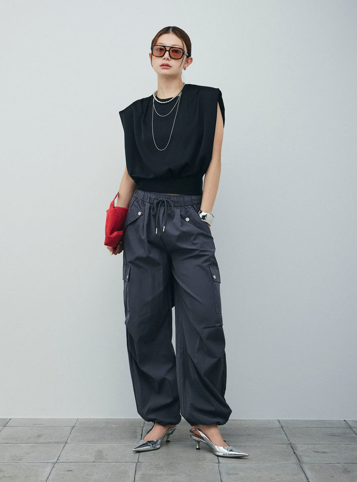 [予約]アシンメトリードレープサテンブラウス