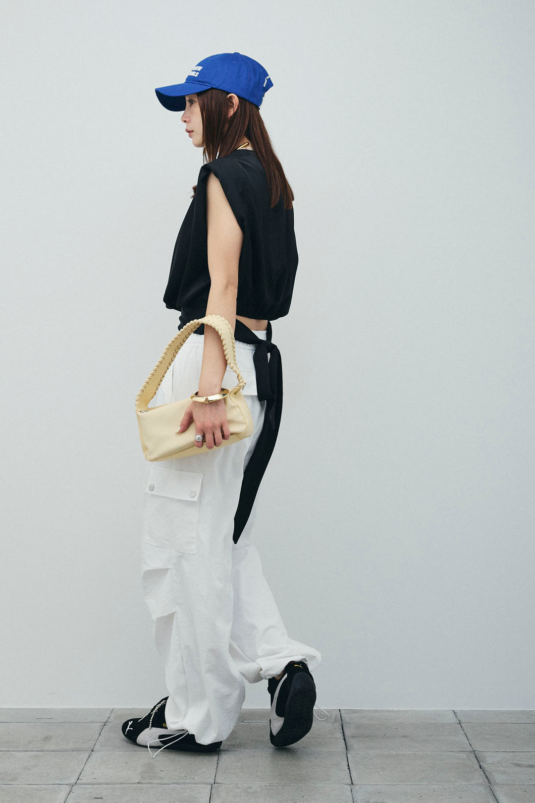 [予約/SET]アシンメトリードレープサテンブラウス+カーゴパンツ(2set)