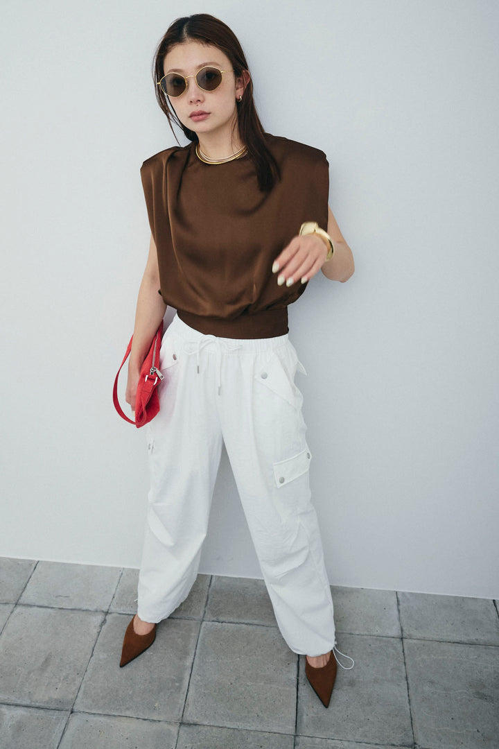 [予約/SET]アシンメトリードレープサテンブラウス+カーゴパンツ(2set)