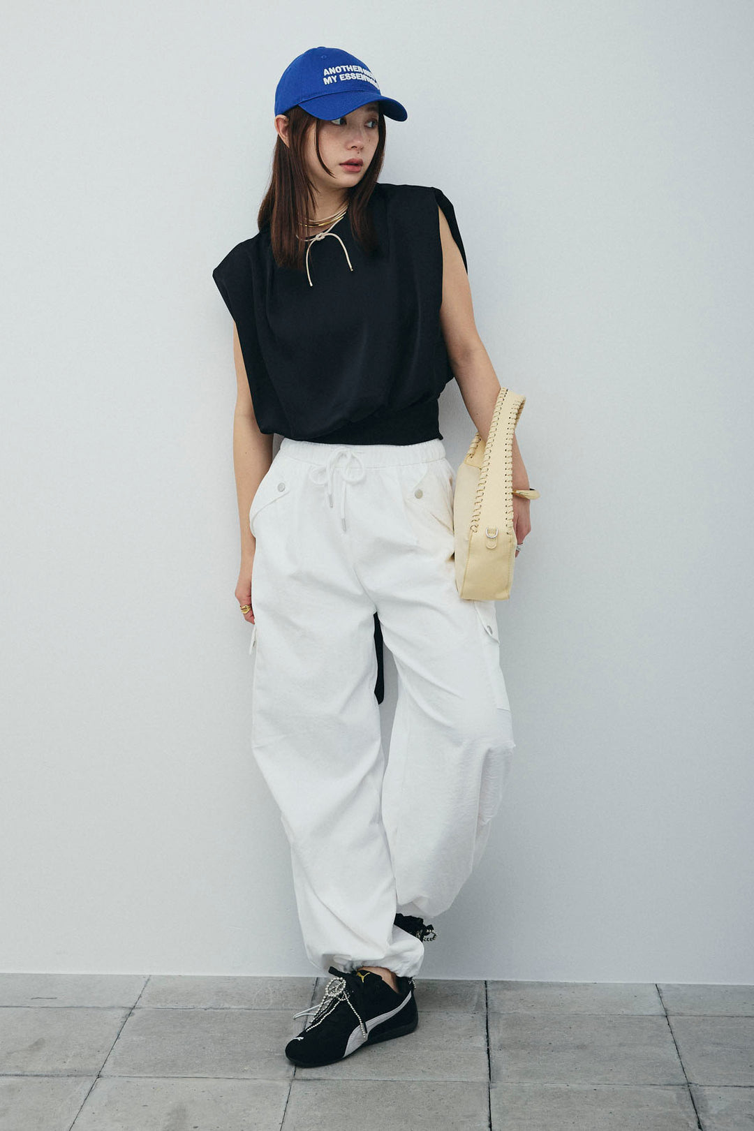 [予約/SET]アシンメトリードレープサテンブラウス+カーゴパンツ(2set)