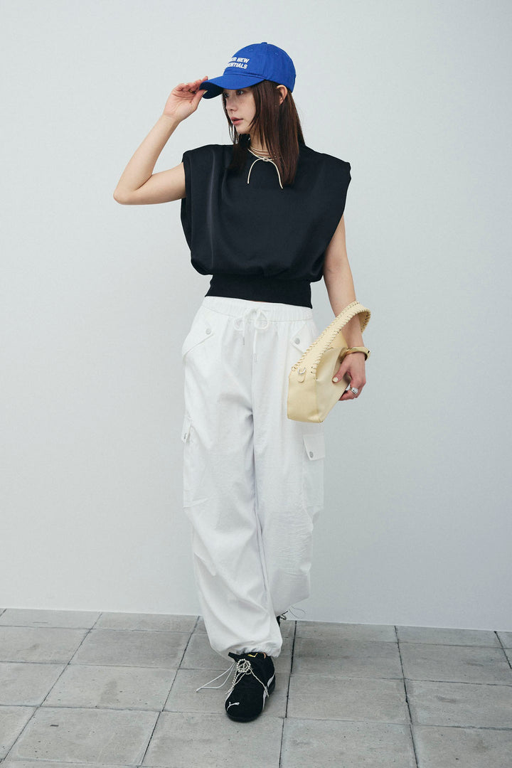 [予約/SET]アシンメトリードレープサテンブラウス+カーゴパンツ(2set)