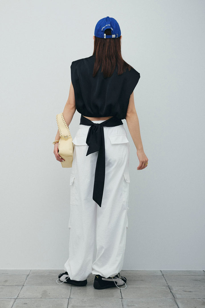 [予約/SET]アシンメトリードレープサテンブラウス+カーゴパンツ(2set)