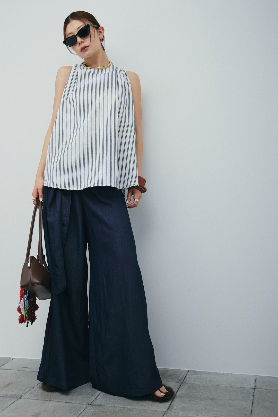 [予約/SET]ダブルストライプホルターブラウス+サイドラップワイドパンツ(2set)
