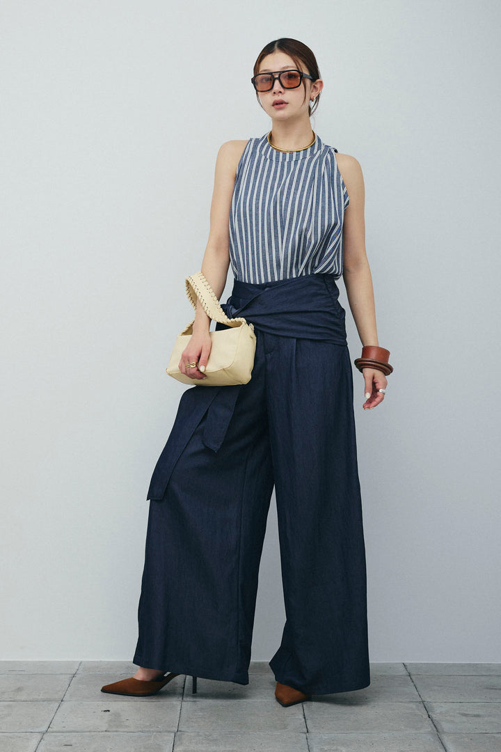 [予約/SET]ダブルストライプホルターブラウス+サイドラップワイドパンツ(2set)