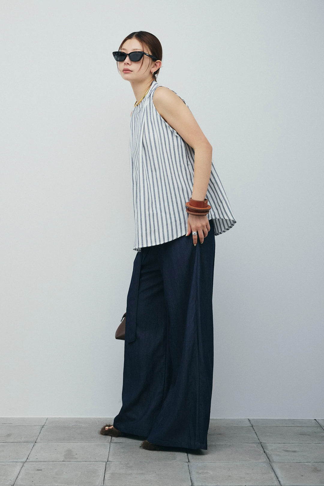 [予約/SET]ダブルストライプホルターブラウス+サイドラップワイドパンツ(2set)