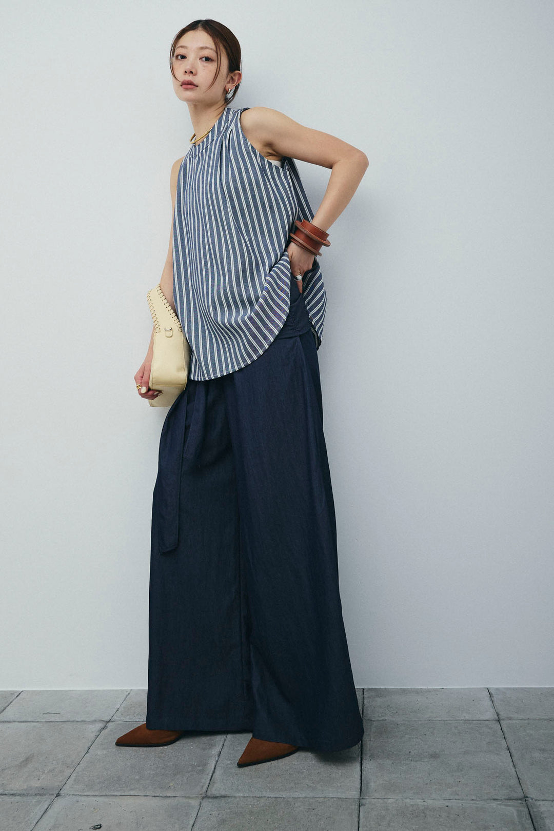 [予約/SET]ダブルストライプホルターブラウス+サイドラップワイドパンツ(2set)