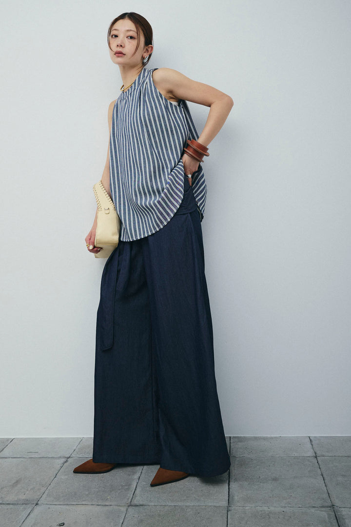 [予約/SET]ダブルストライプホルターブラウス+サイドラップワイドパンツ(2set)