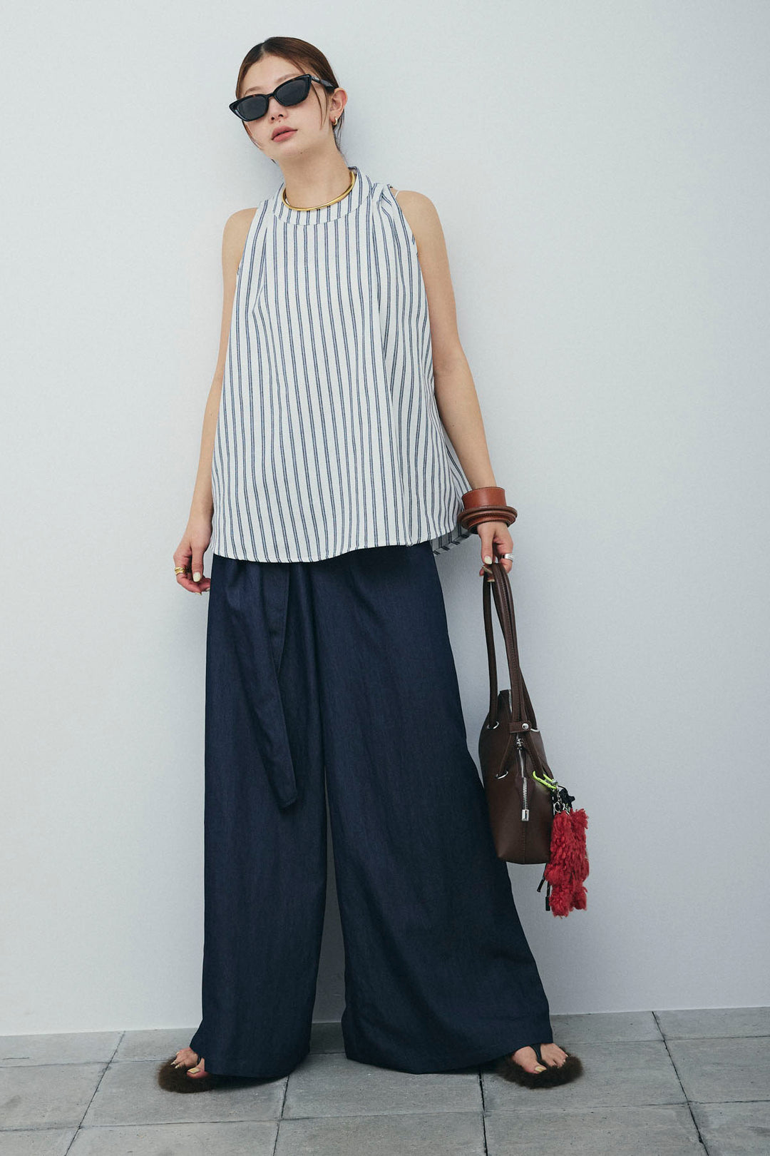 [予約/SET]ダブルストライプホルターブラウス+サイドラップワイドパンツ(2set)