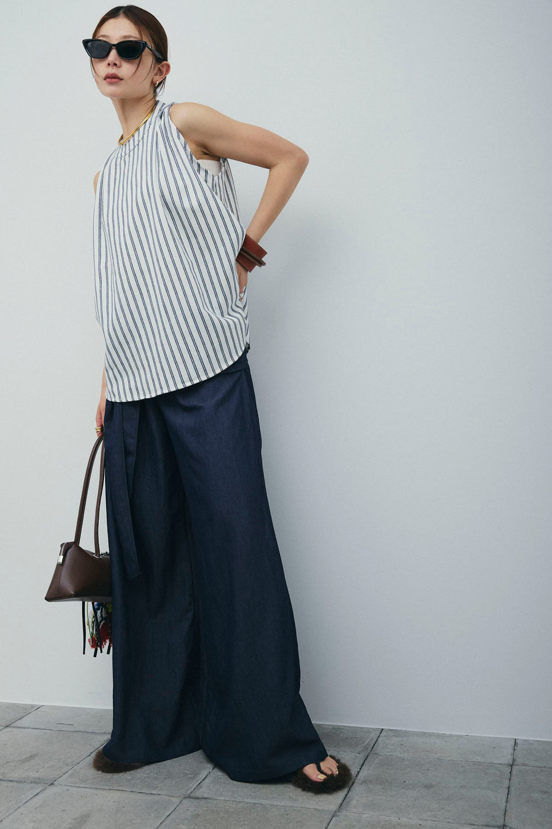 [予約/SET]ダブルストライプホルターブラウス+サイドラップワイドパンツ(2set)