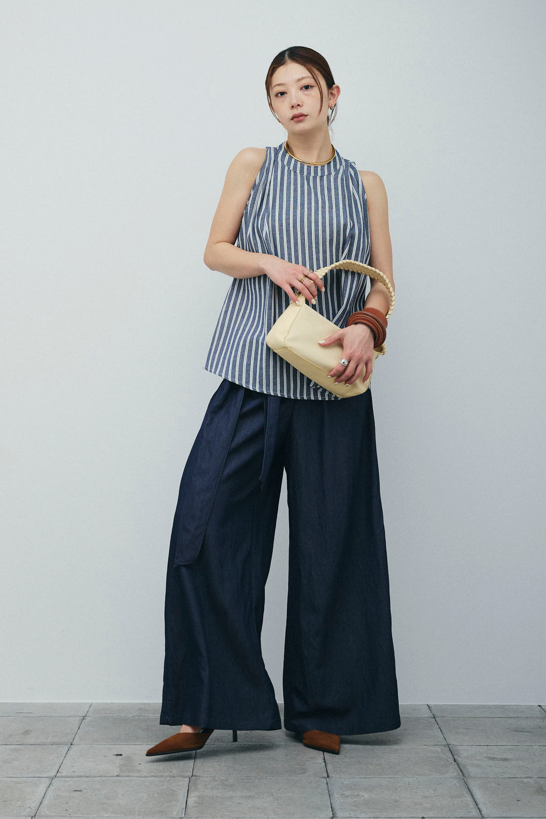 [予約/SET]ダブルストライプホルターブラウス+サイドラップワイドパンツ(2set)