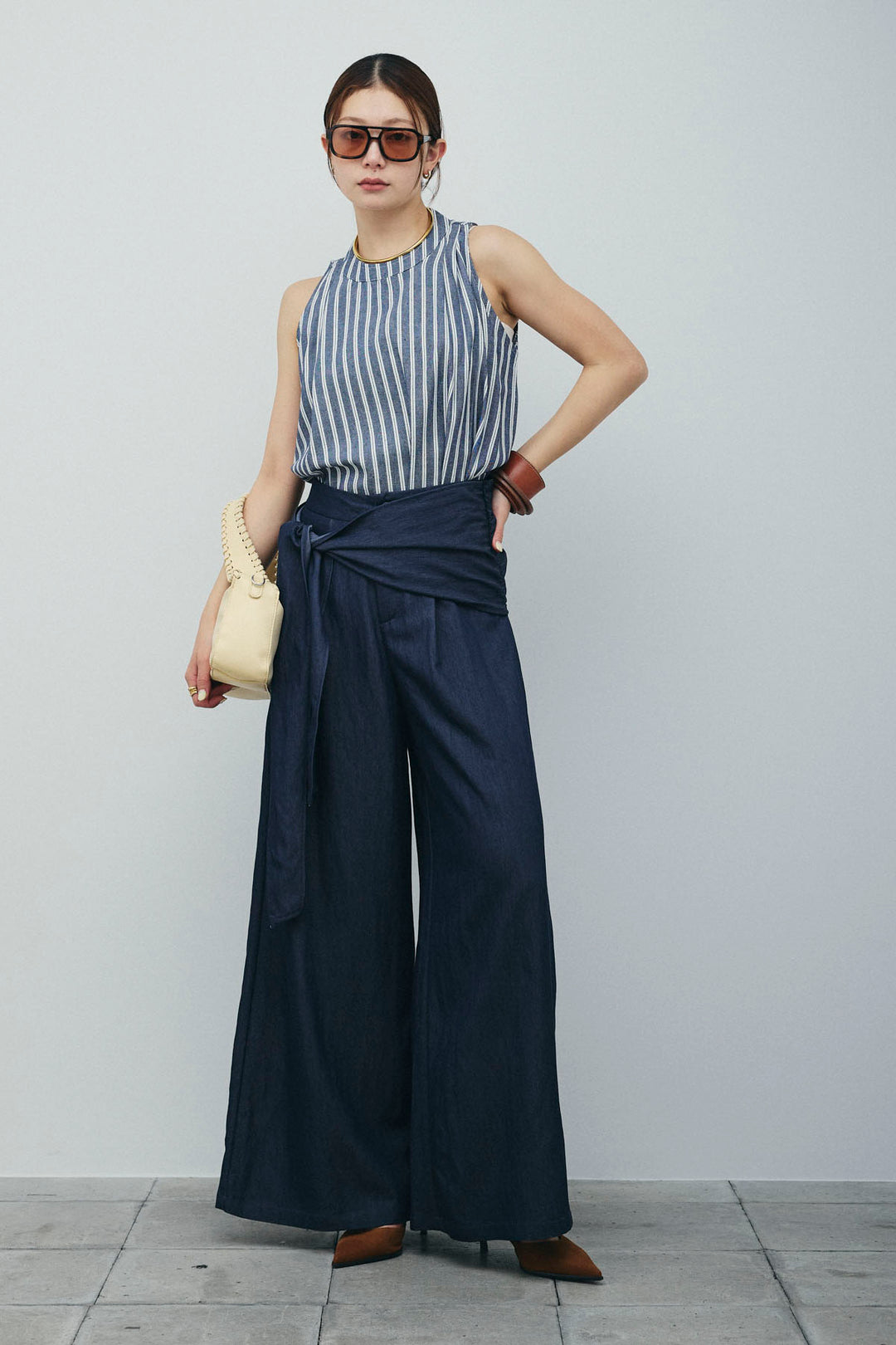[予約/SET]ダブルストライプホルターブラウス+サイドラップワイドパンツ(2set)