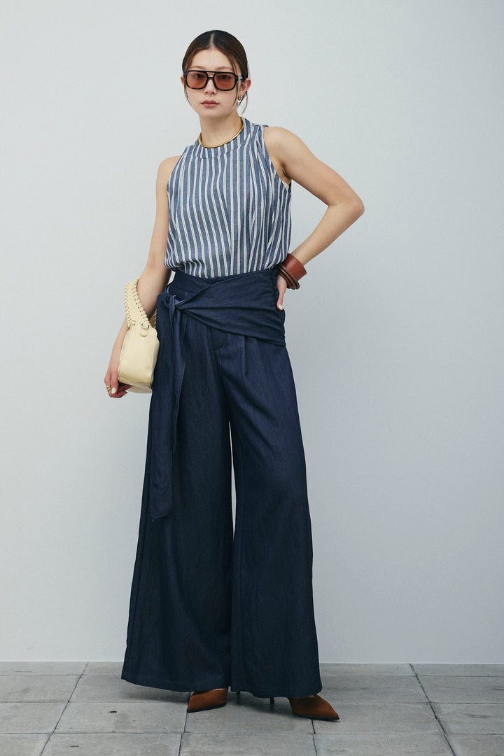 [予約/SET]ダブルストライプホルターブラウス+サイドラップワイドパンツ(2set)