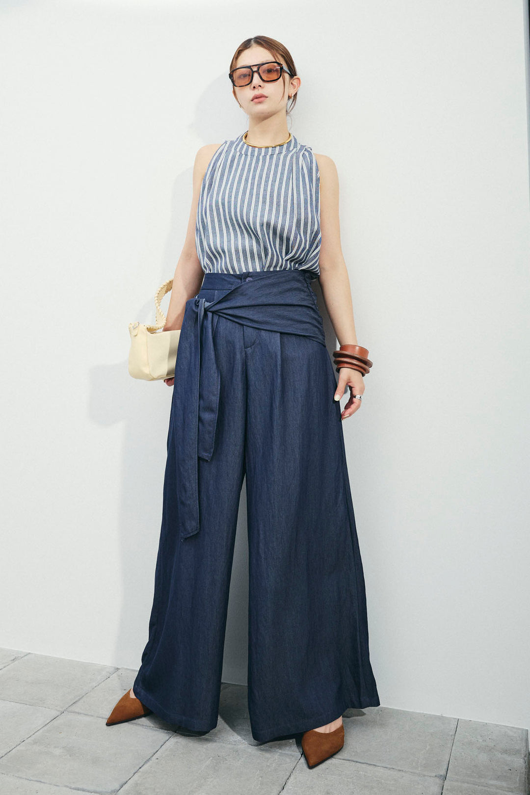 [予約/SET]ダブルストライプホルターブラウス+サイドラップワイドパンツ(2set)